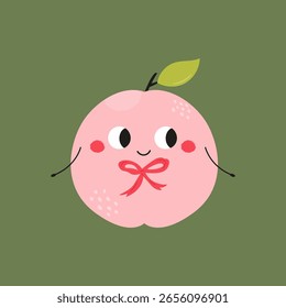 Melocotón lindo con arco decorativo. Divertido personaje de dibujos animados de frutas. Ilustración vectorial