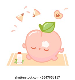 Cute peach doing yoga kawaii illustration, tropical juicy fruit