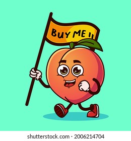 Cute Peach fruit character carrying a flag that says buy me. Fruit character icon concept isolated. Emoji Sticker. flat cartoon style Vector