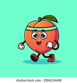 Cute Peach fruit character jogging. Fruit character icon concept isolated. Emoji Sticker. flat cartoon style Vector
