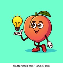 Carácter de fruta de Cute Peach con bombilla de luz Idea a mano. Icono de carácter de fruta aislado. Emoji Sticker. estilo de dibujos animados planos Vector