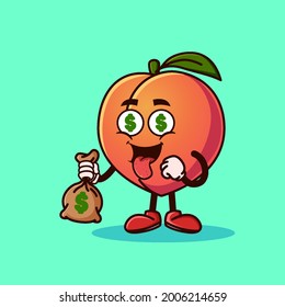 Cute Peach Fruit Character With Money Eyes And Holding Money Bag. Fruit Character Icon Concept Isolated. Emoji Sticker. Flat Cartoon Style Vector