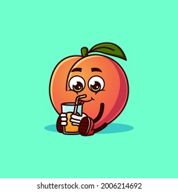 Cute Peach fruit character sitting with Peach juice. Fruit character icon concept isolated. Emoji Sticker. flat cartoon style Vector