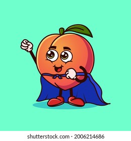 Cute Peach fruit character with Super hero costume and try to fly. Fruit character icon concept isolated. Emoji Sticker. flat cartoon style Vector