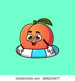Cute Peach fruit character with swim ring float. Fruit summer icon concept isolated. flat cartoon style Premium Vector