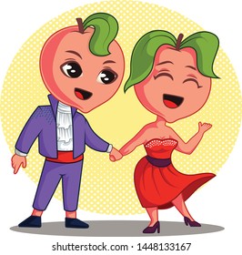 A cute peach fruit couple holding their hands. Love is in the air. Vector illustration isolated on white background