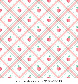 Cute Peach Fruit Element Peach Old rose Pink Green Diagonal Stripe Striped Line Tilt Checkered Plaid Tartan Buffalo Scott Gingham Pattern Flat Cartoon Vector Seamless Pattern Print Background Food