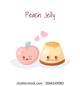 Cute Peach Fruit and Jelly Cake isolated on white background. Kawaii food vector illustration for kids menu, fabric print, greeting card. Happy adorable dessert characters. Light colors drawing.
