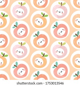 Cute peach fruit kawaii face seamless pattern, abstract repeated cartoon background, vector illustration