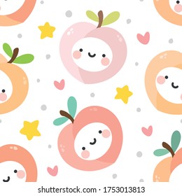 Cute peach fruit kawaii face seamless pattern, abstract repeated cartoon background, vector illustration