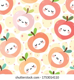 Cute peach fruit kawaii face seamless pattern, abstract repeated cartoon background, vector illustration