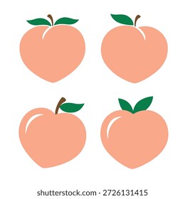 Pêssego bonito com folhas ilustração vetorial com um gráfico de pêssego mínimo. Inclui quatro variações simples de pêssego com formas limpas e planas.