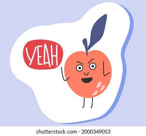 Cute pfirsiches Maskottchen im flachen Stil. Frucht Emoji. Trendy Vektoraufkleber mit Schriftzeichen. Handgezeichnete Illustration für Poster, Schreibwaren und T-Shirt-Design. Fröhlicher Comic-Charakter. Inschrift: Ja