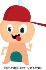 A cute peach monster with a red hat and his tongue out, vector, color drawing or illustration. 