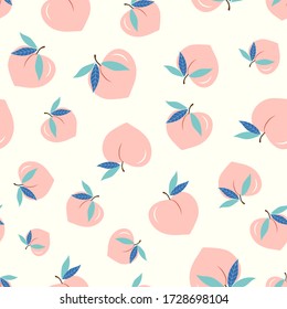 Cute peach seamless pattern with flowers. Fresh fuit summer vibes