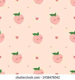 Cute peach seamless pattern. Peach with hearts. Funny character, emotions. Vector flat illustration.