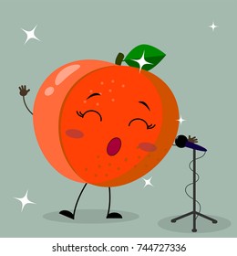 Cute peach Smiley in a cartoon style sings into the microphone. Flat design, vector illustration.