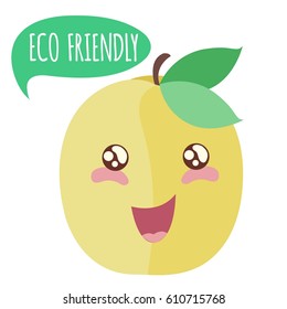 Cute peach with speech bubble. Eco-friendly poster design. Vector illustration.