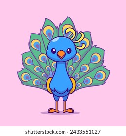 Cute Peacock Bird Cartoon Vector Icon Illustration. Animal Nature Icon Concept Isolated Premium Vector. Flat Cartoon Style