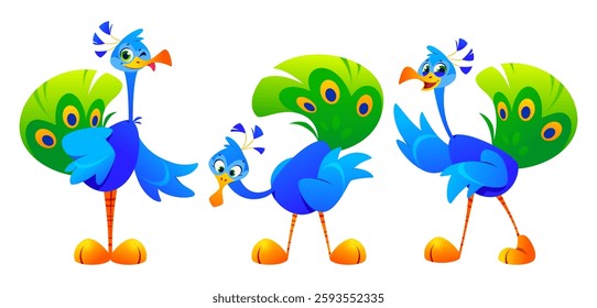 Cute peacock cartoon character set with bright blue bodies, vibrant green tail feathers and orange beak. Expressive bird mascots in different poses - standing tall, leaning, walking and waving wing.