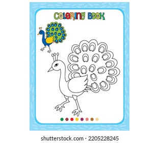 Cute peacock cartoon with full color peacock. Coloring book or page