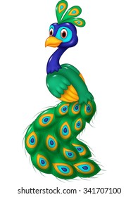 Cute peacock cartoon isolated on white background