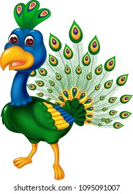 cute peacock cartoon posing with smiling and waving