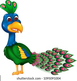 cute peacock cartoon standing with smiling and look face