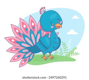 Cute peacock character in clearing. Funny cartoon kawaii blue tropical bird. Vector illustration.