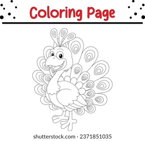 Cute peacock coloring page. black and white vector illustration for a coloring book.