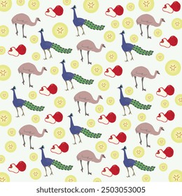 cute peacock, emu with fruit as a pattern background