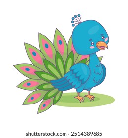 Cute peacock. Funny cartoon kawaii blue tropical bird. Vector illustration