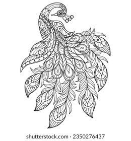 Cute peacock hand drawn for adult coloring book