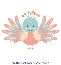 Cute peacock isolated on white background. Cartoon nursery art baby character.
