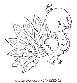 Cute peacock. Outline cartoon kawaii tropical bird character. Line drawing, coloring book. Vector illustration. Kids collection.