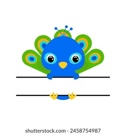 Cute peacock split monogram. Funny cartoon character for shirt, scrapbooking, greeting cards, baby shower, invitation. Bright colored childish stock vector illustration