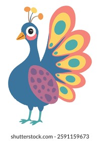 Cute peacock. Vector colorful doodle isolated on white background.