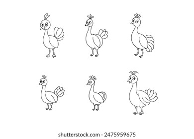 Lindo Vector de pavo real línea de arte e ilustración de silueta
