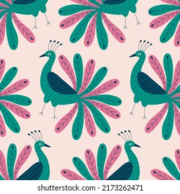 Cute peacocks with beautiful colorful tails hand drawn vector illustration. Funny peafowl bird in flat style seamless pattern for fabric or wallpaper.