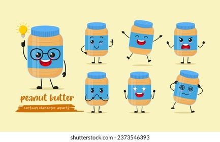 cute peanut butter cartoon with many expressions. food different activity pose vector illustration flat design set.