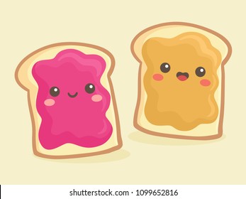 Cute Peanut Butter   Jelly Jam Loaf Bread Sandwich Vector Illustration Cartoon Smile
