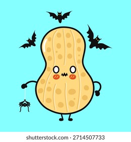Carácter lindo del cacahuete que muestra una expresión nerviosa mientras que sostiene una araña en un hilo, con tres murciélagos espeluznantes que vuelan alrededor de su cabeza, creando una ilustración divertida de Halloween en un fondo azul
