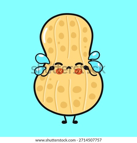 Cute peanut character feeling sad and crying, with big blue tears flowing from its eyes, representing emotions of sorrow and distress on a bright blue background