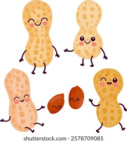 Cute peanut characters. Fresh organic cartoon peanuts snack. Vector illustration set