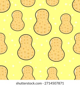 Personajes lindos del cacahuete en una repetición inconsútil en un fondo amarillo brillante con las pequeñas estrellas blancas y los corazones, modelo juguetón del azulejo ideal para el empaquetado, los textiles, y los diseños de los niños