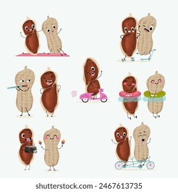 Cute peanut characters set, collection. Flat vector illustration. Activities, playing musical instruments, sports, funny fruits.