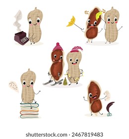 Cute peanut characters set, collection. Flat vector illustration. Activities, playing musical instruments, sports, funny fruits.