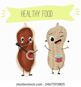 Cute peanut nut characters, funny nuts, with different activities, outdoor, sports,musical instrument. Organic food, healthy food, illustrations for kids menu.