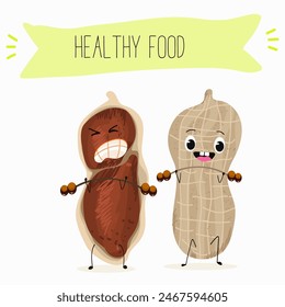 Cute peanut nut characters, funny nuts, with different activities, outdoor, sports,musical instrument. Organic food, healthy food, illustrations for kids menu.