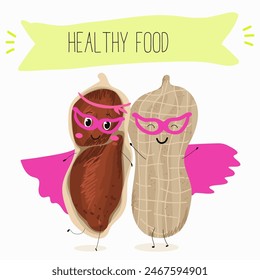 Cute peanut nut characters, funny nuts, with different activities, outdoor, sports,musical instrument. Organic food, healthy food, illustrations for kids menu.